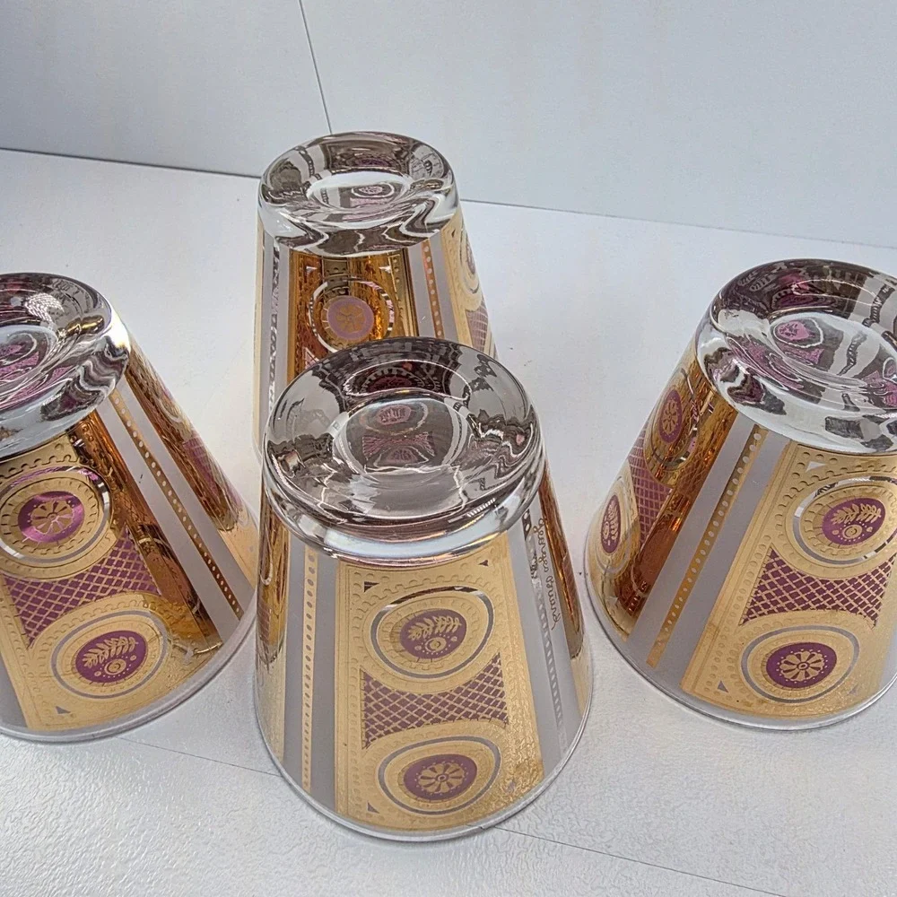 5 VTG‎ Georges Briard Signed RARE Amethyst Gold Rocks Glasses MCM Barware 22K